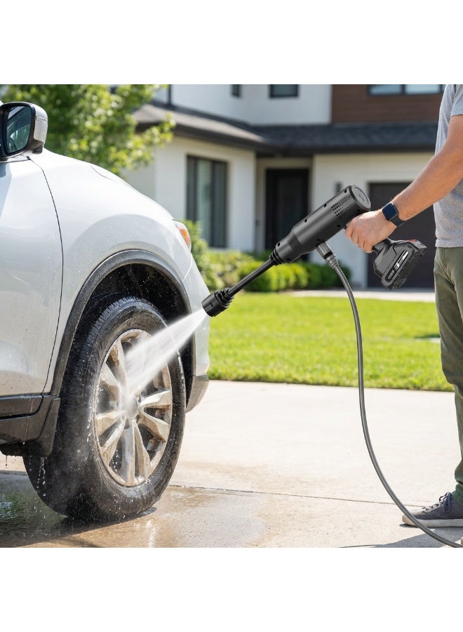 جرين ليون غسالة ضغط، مضخة غسل سيارات ضغط عالي لاسلكية بجهد 21V، مسدس غسيل ضغط يدوي مع رؤوس رش، مسدس تنظيف كهربائي محمول مع خرطوم بطول 5 أمتار لتنظيف السيارات والمنزل. - Image 3